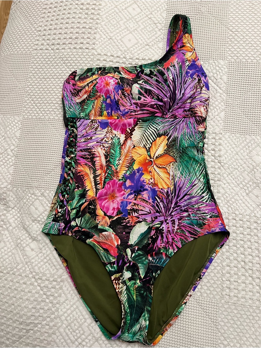 Jantzen Girls One-Shoulder Tropical Floral Swimsuit - Purple, Green, Orange 12